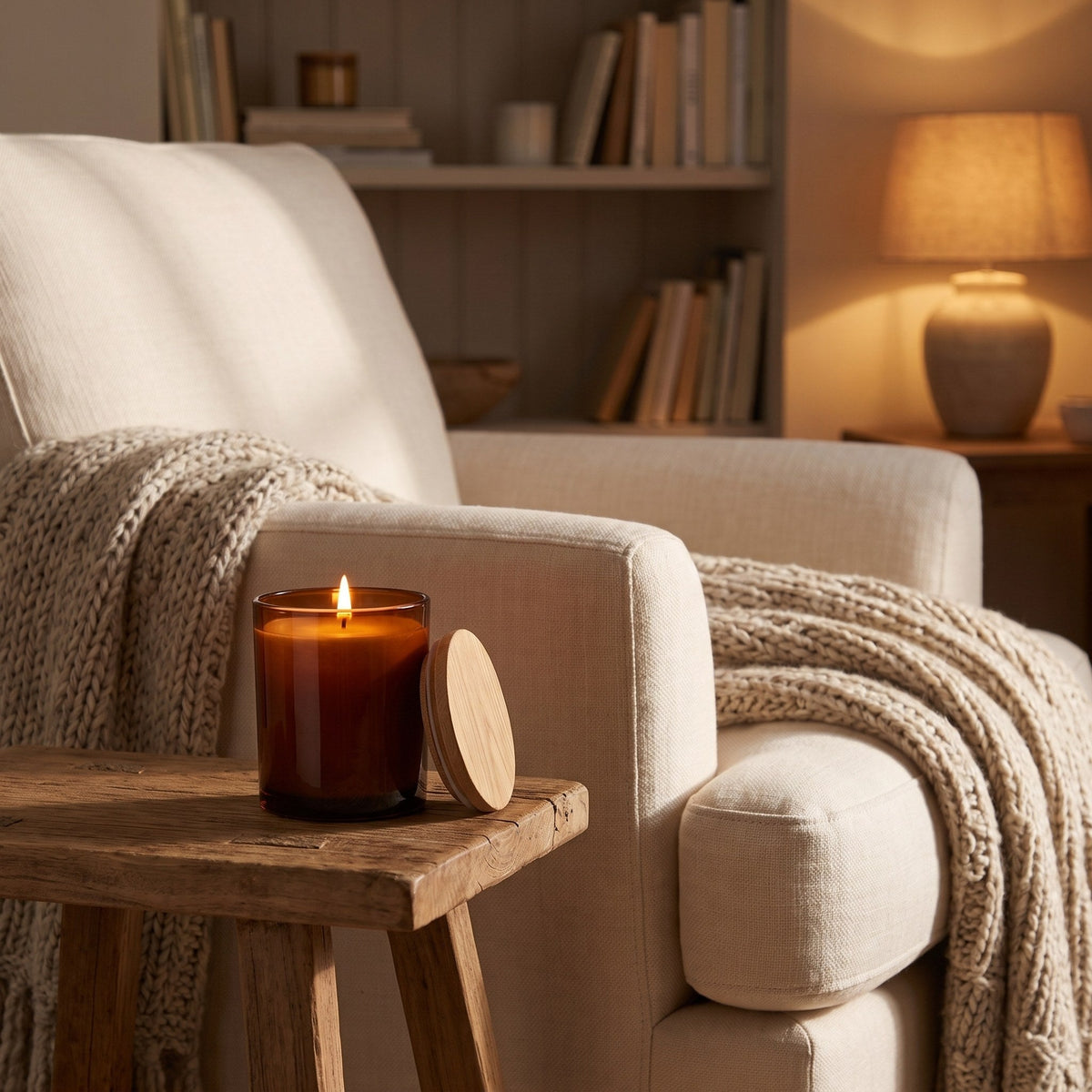 Fig & Cedar candle lit on a wooden side table beside a cream armchair