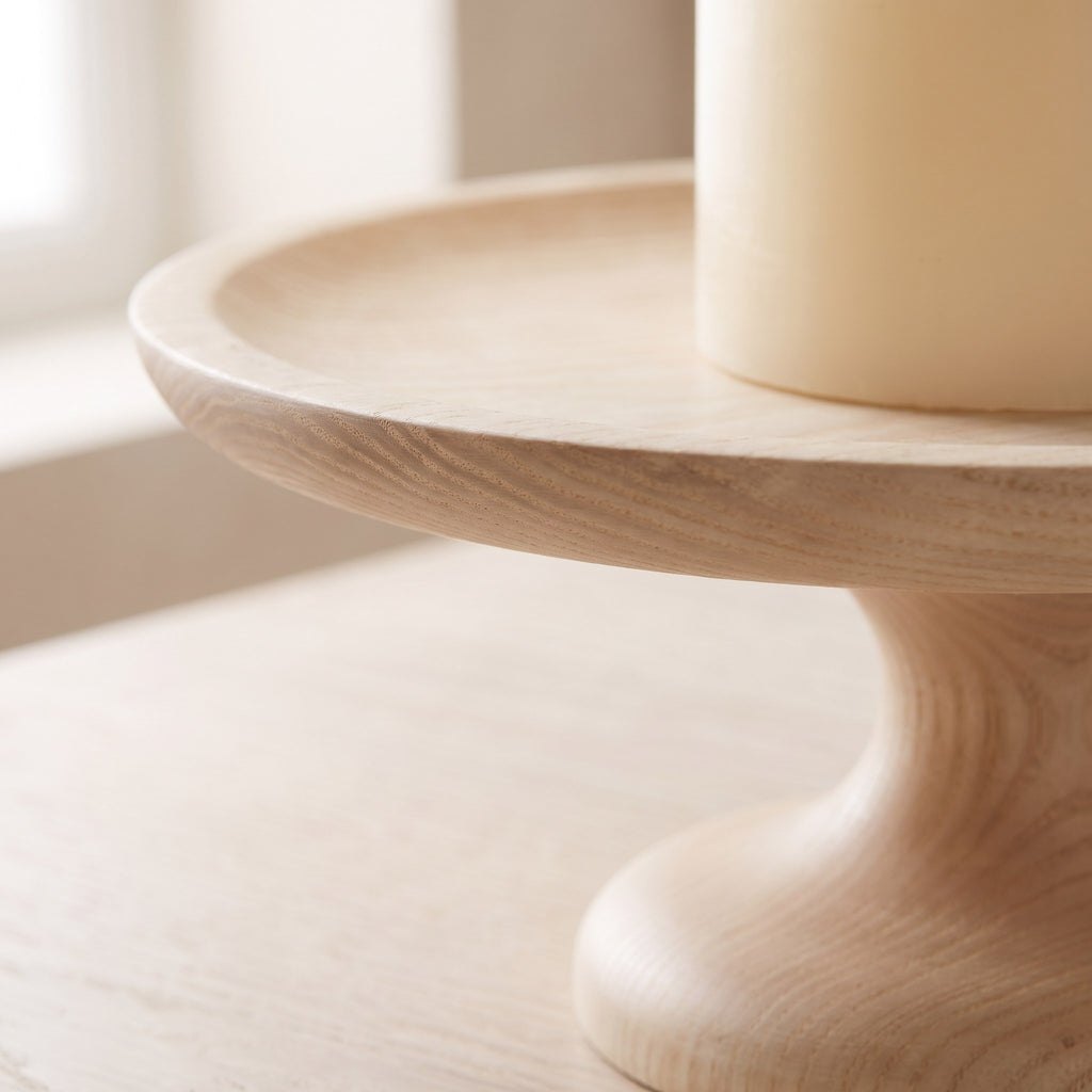 Close-up of the rim and sculpted stem of the ash wood pedestal candle holder