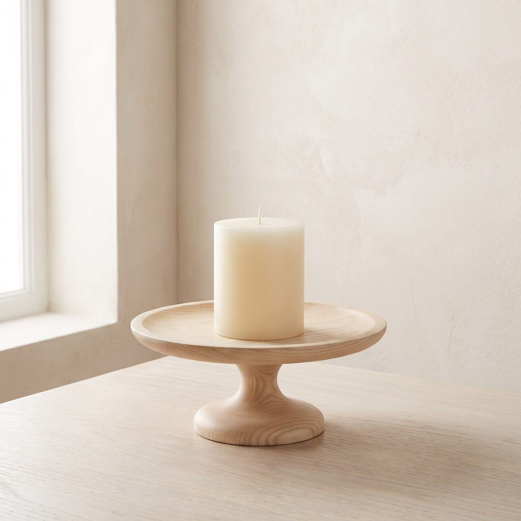 Pale ash wood pedestal candle holder with an ivory pillar candle on a light oak table by a window