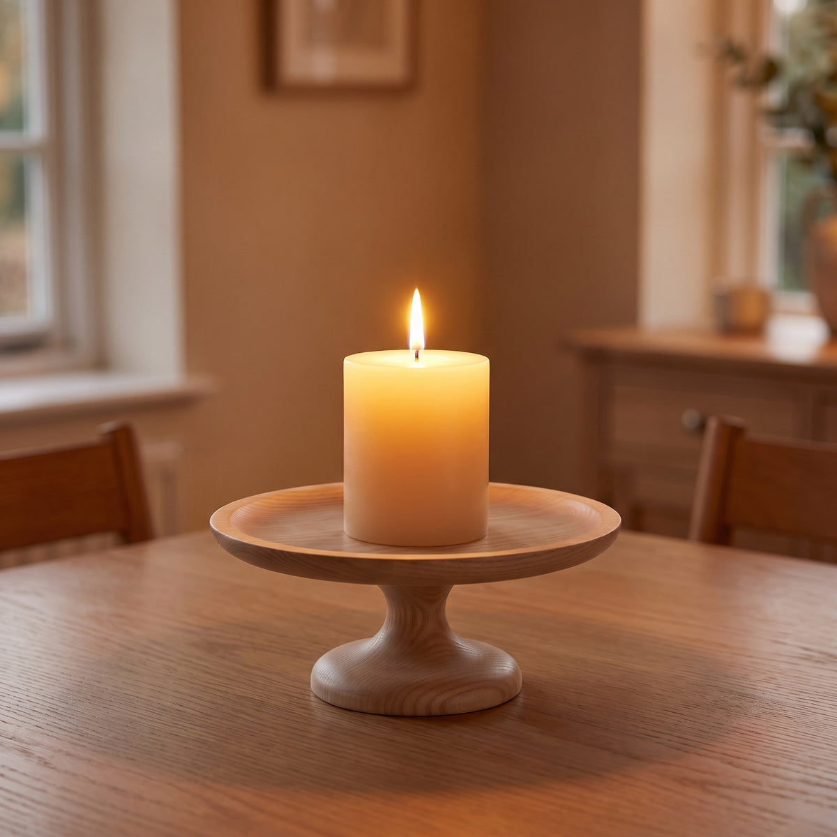 Ash wood pedestal holder with a lit pillar candle on a clear oak dining table