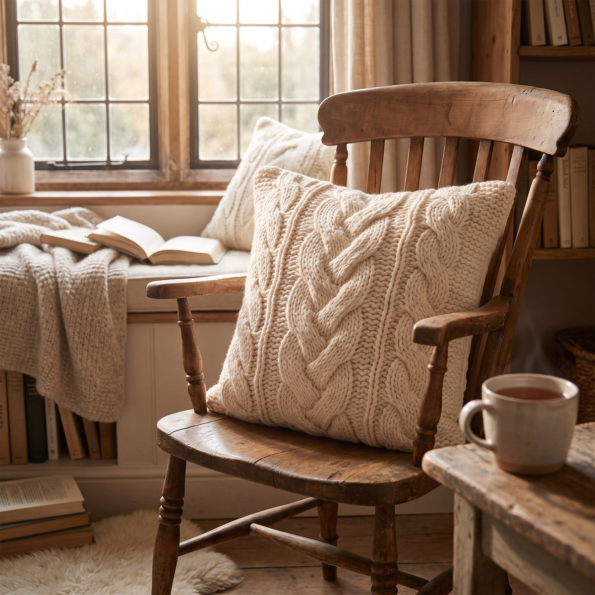 Cream cable knit cushion on a wooden armchair in a window reading nook