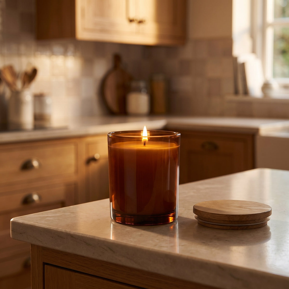 Fig & Cedar candle lit on a clear stone kitchen worktop in the evening