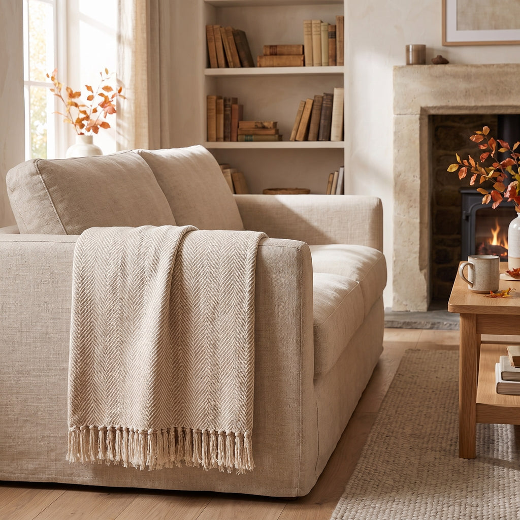 Herringbone cotton throw draped over a linen sofa in a cosy living room