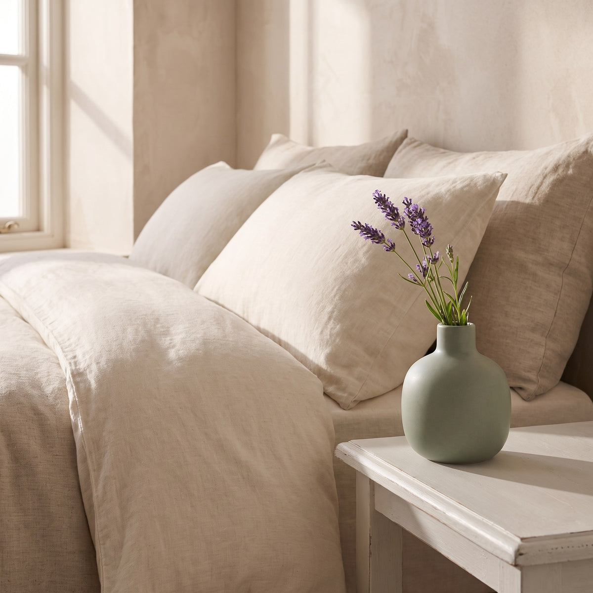 Sage stoneware bud vase with a sprig of lavender on a white bedside table