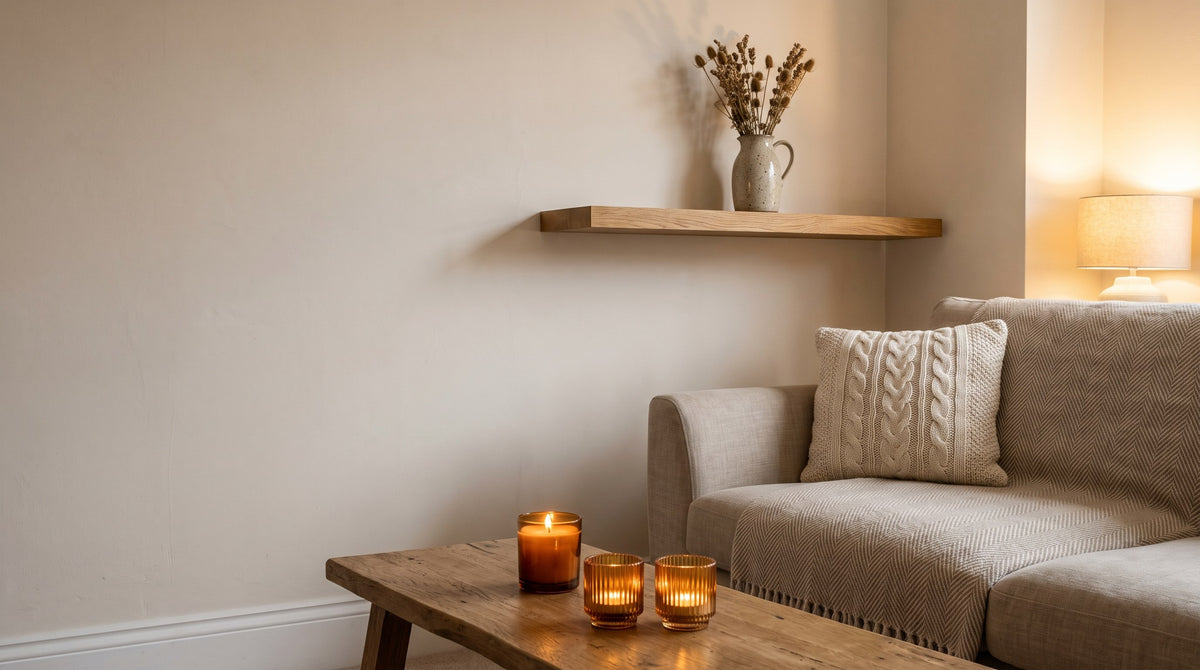 Cosy living room with an oak floating shelf, herringbone throw, cable knit cushion and amber candlelight