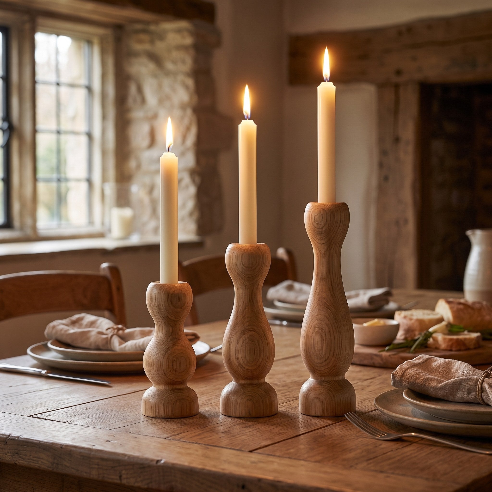 Turned oak taper candle holders with lit candles on a cottage dining table