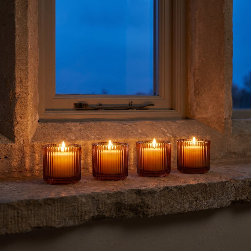 Four ribbed amber glass tealight holders glowing on a clear stone windowsill at dusk