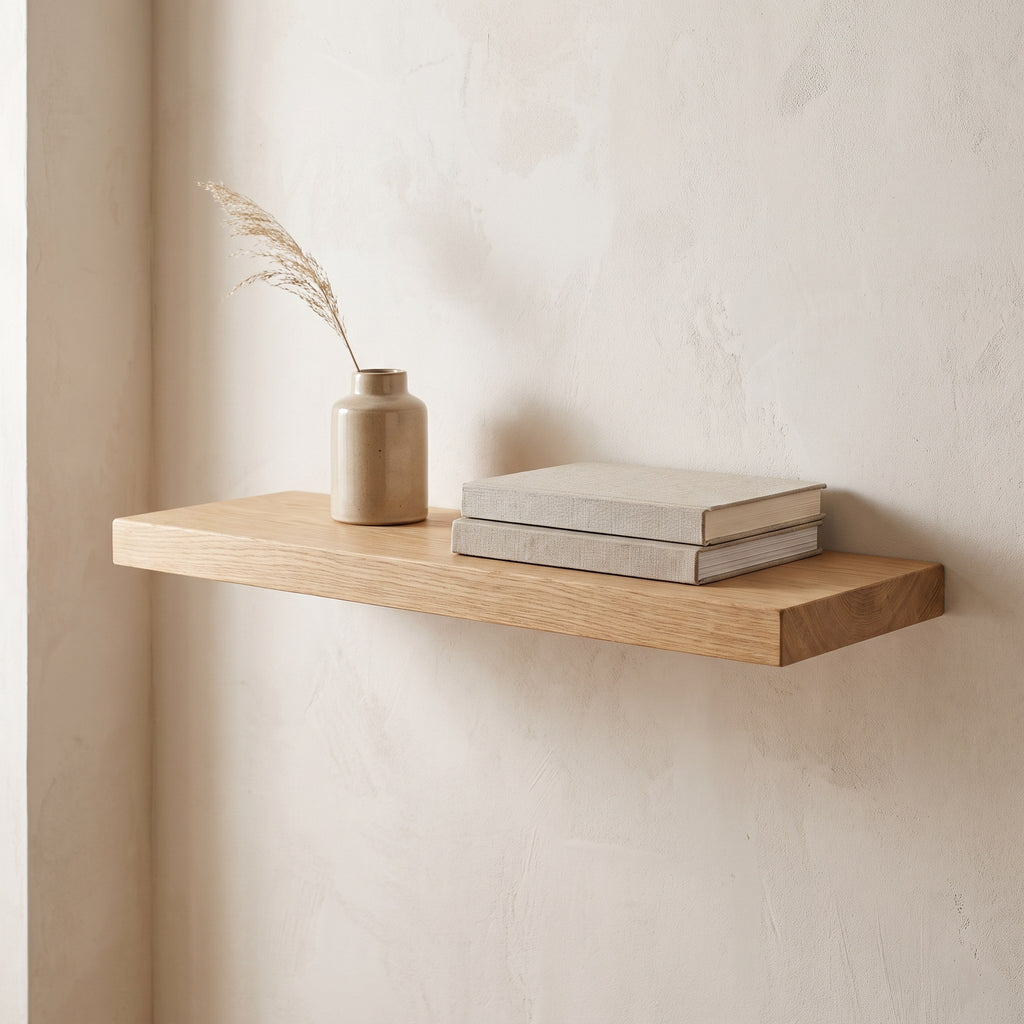 Solid oak floating wall shelf on a plaster wall holding a small vase and two books