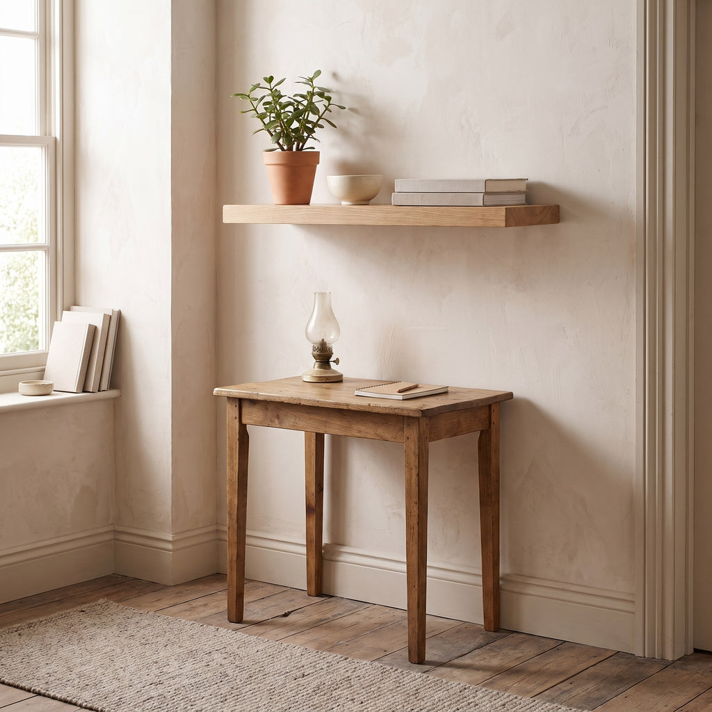 Oak floating shelf above a small wooden desk in a hallway with a plant and books