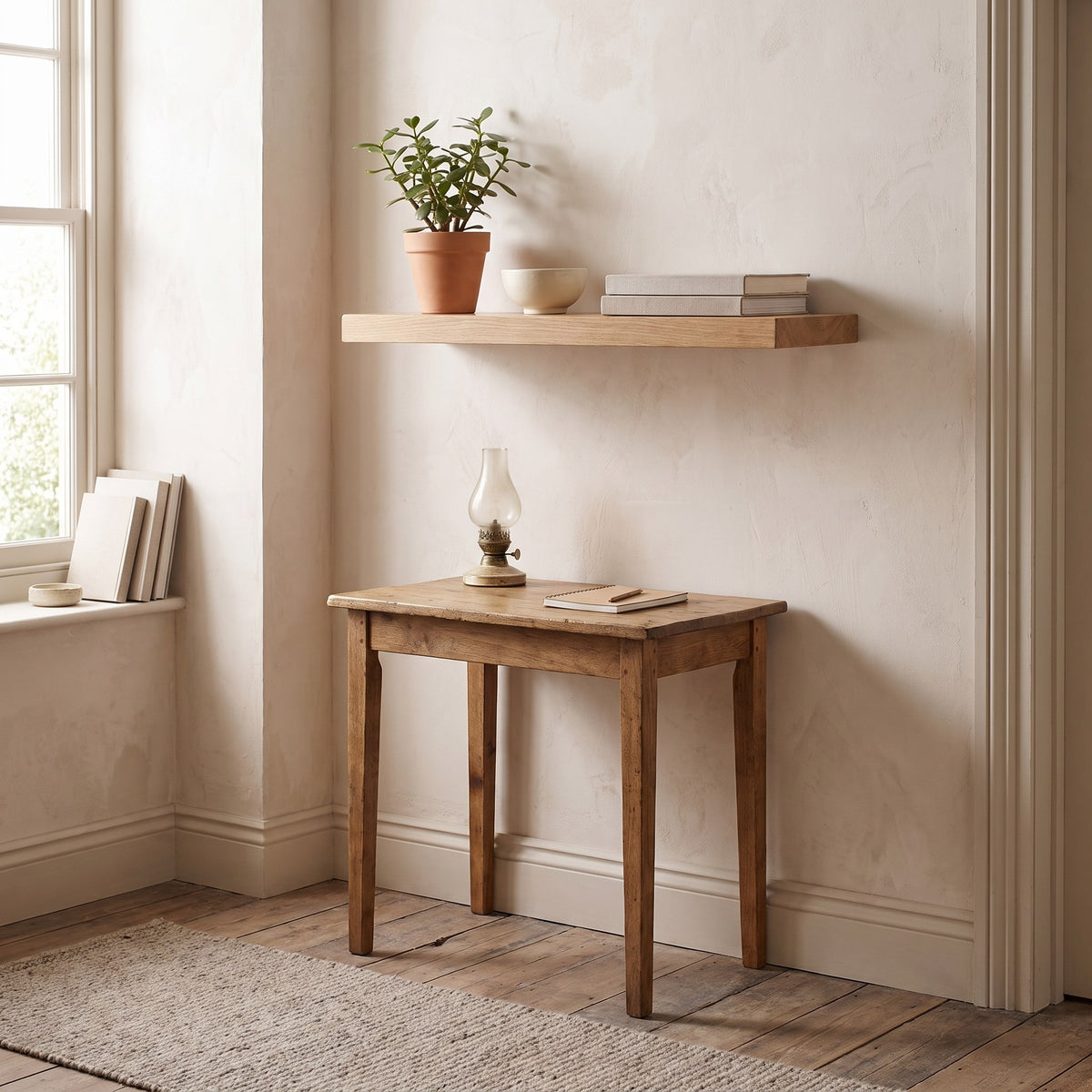 Oak floating shelf above a small wooden desk in a hallway with a plant and books